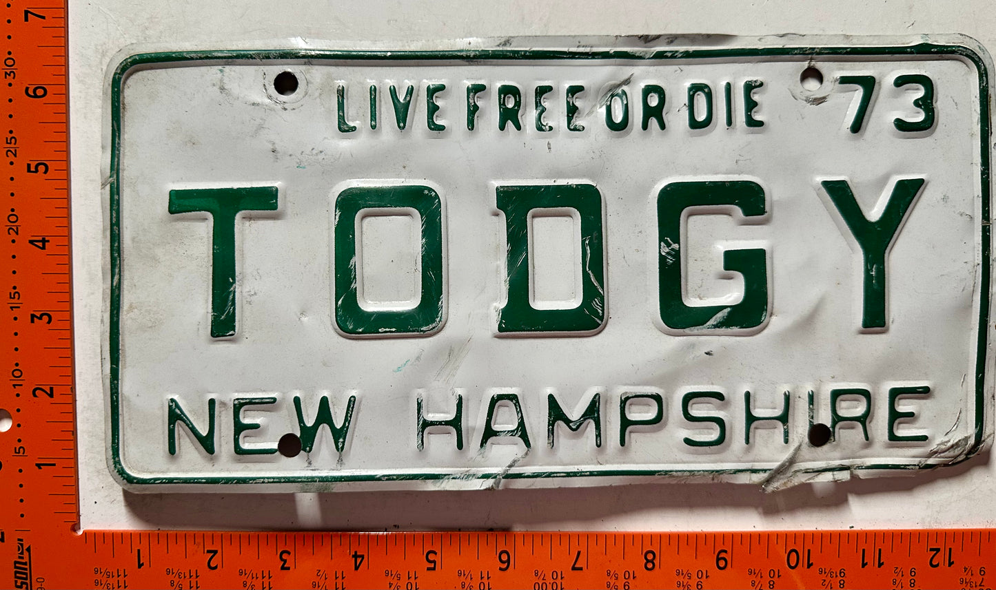 1973 New Hampshire #TODGY Passenger Vanity License Plate