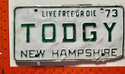 1973 New Hampshire #TODGY Passenger Vanity License Plate