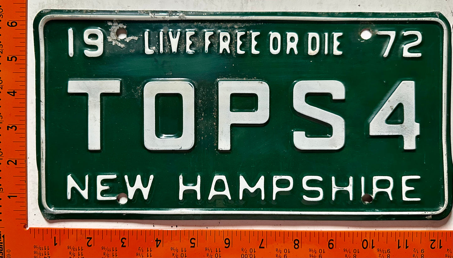 1972 New Hampshire #TOPS4 Passenger Vanity License Plate