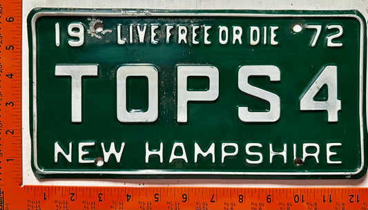 1972 New Hampshire #TOPS4 Passenger Vanity License Plate