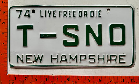 1974 New Hampshire #T-SNO Passenger Vanity License Plate