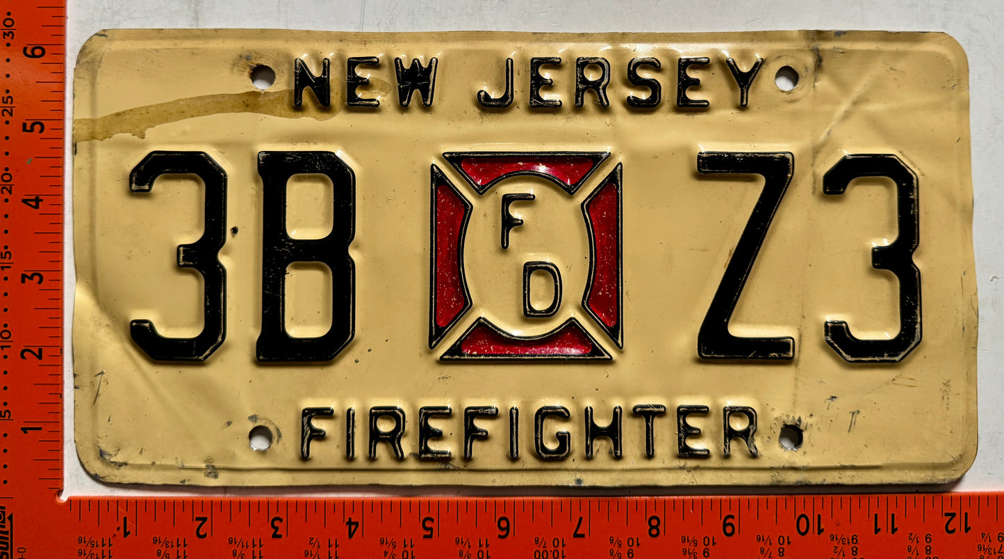 undated New Jersey #3B Z3 Firefighter License Plate