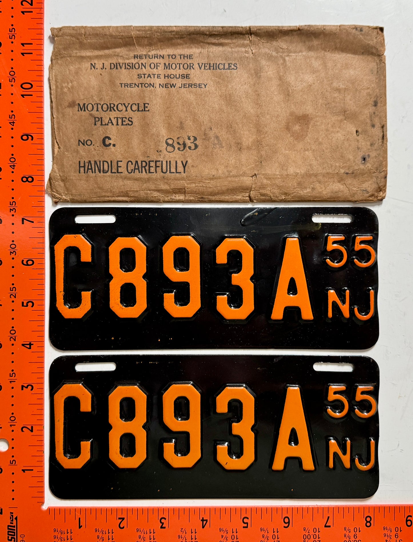 1955 New Jersey #C893A Motorcycle License Plate PAIR