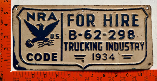 1934 NRA Code #B-62-298 Trucking License Plate