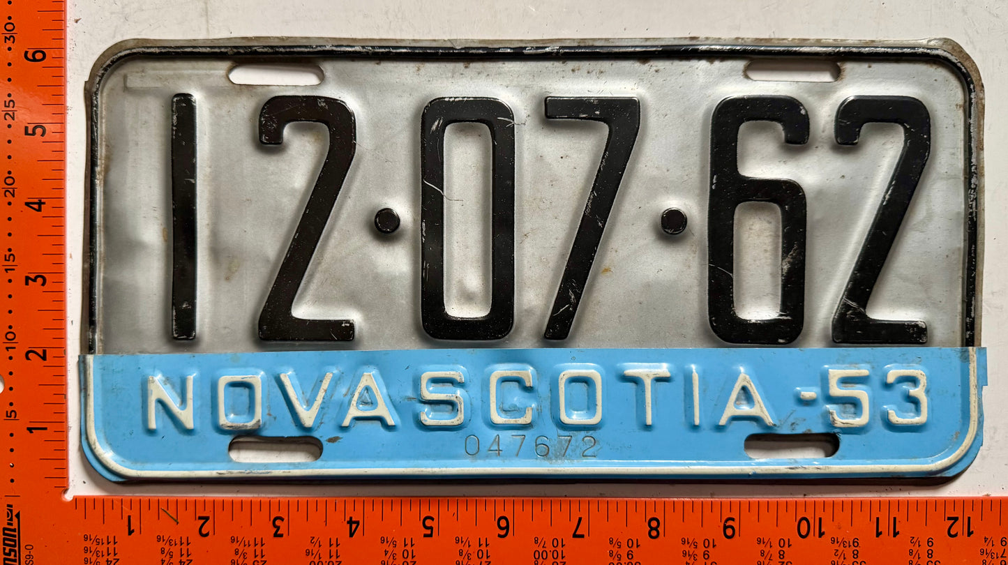 1953 Nova Scotia #12-07-62 Passenger License Plate