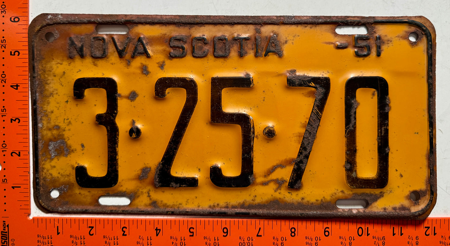 1951 Nova Scotia #3-25-70 Passenger License Plate