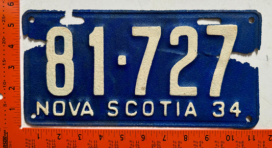 1934 Nova Scotia #81-727 Passenger License Plate (Repaint)