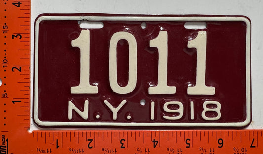 1918 New York #1011 Motorcycle License Plate (Repaint)