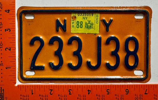 1988 New York #233J38 Motorcycle License Plate