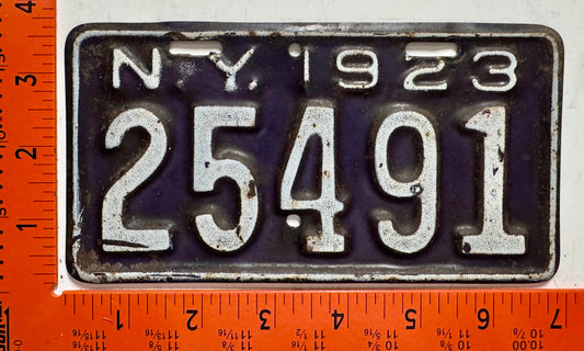 1923 New York #25491 Motorcycle License Plate
