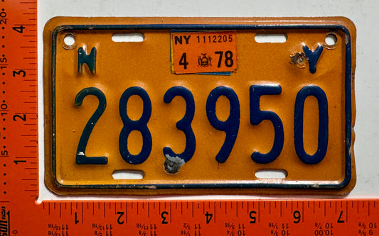 1978 New York #283950 Motorcycle License Plate