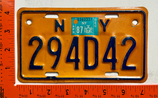 1987 New York #294D42 Motorcycle License Plate