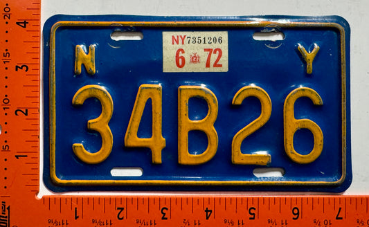 1972 New York #34B26 Motorcycle License Plate