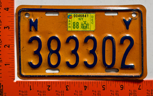 1988 New York #383302 Motorcycle License Plate