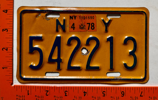 1978 New York #542213 Motorcycle License Plate