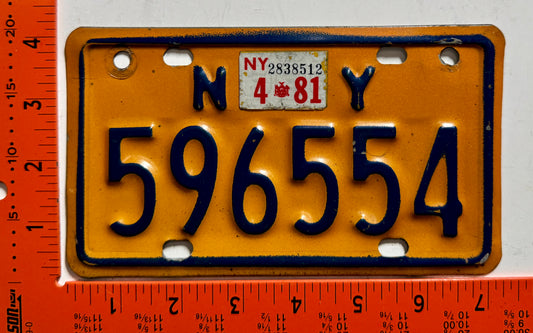 1981 New York #596554 Motorcycle License Plate