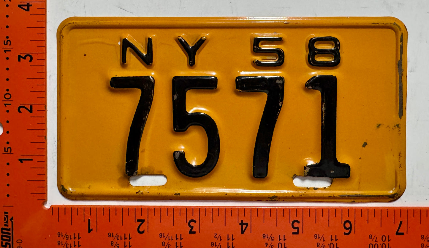 1958 New York #7571 Motorcycle License Plate