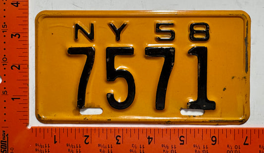 1958 New York #7571 Motorcycle License Plate