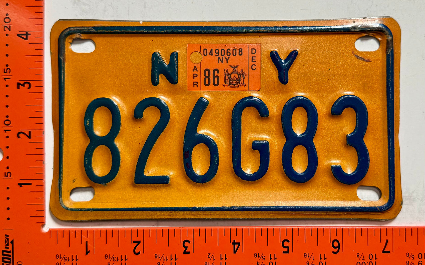 1986 New York #826G83 Motorcycle License Plate