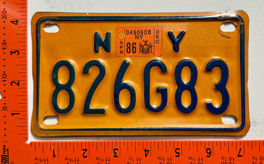 1986 New York #826G83 Motorcycle License Plate