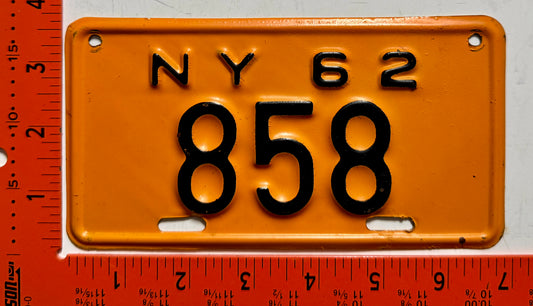 1962 New York #858 Motorcycle License Plate