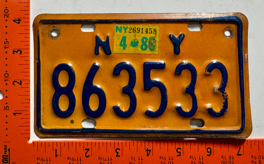 1980 New York #863533 Motorcycle License Plate