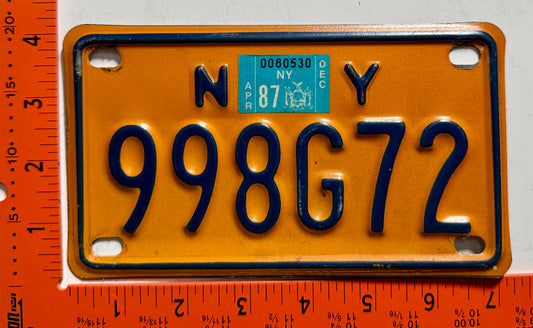 1987 New York #998G72 Motorcycle License Plate