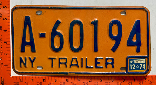 1974 New York #A-60194 Trailer License Plate