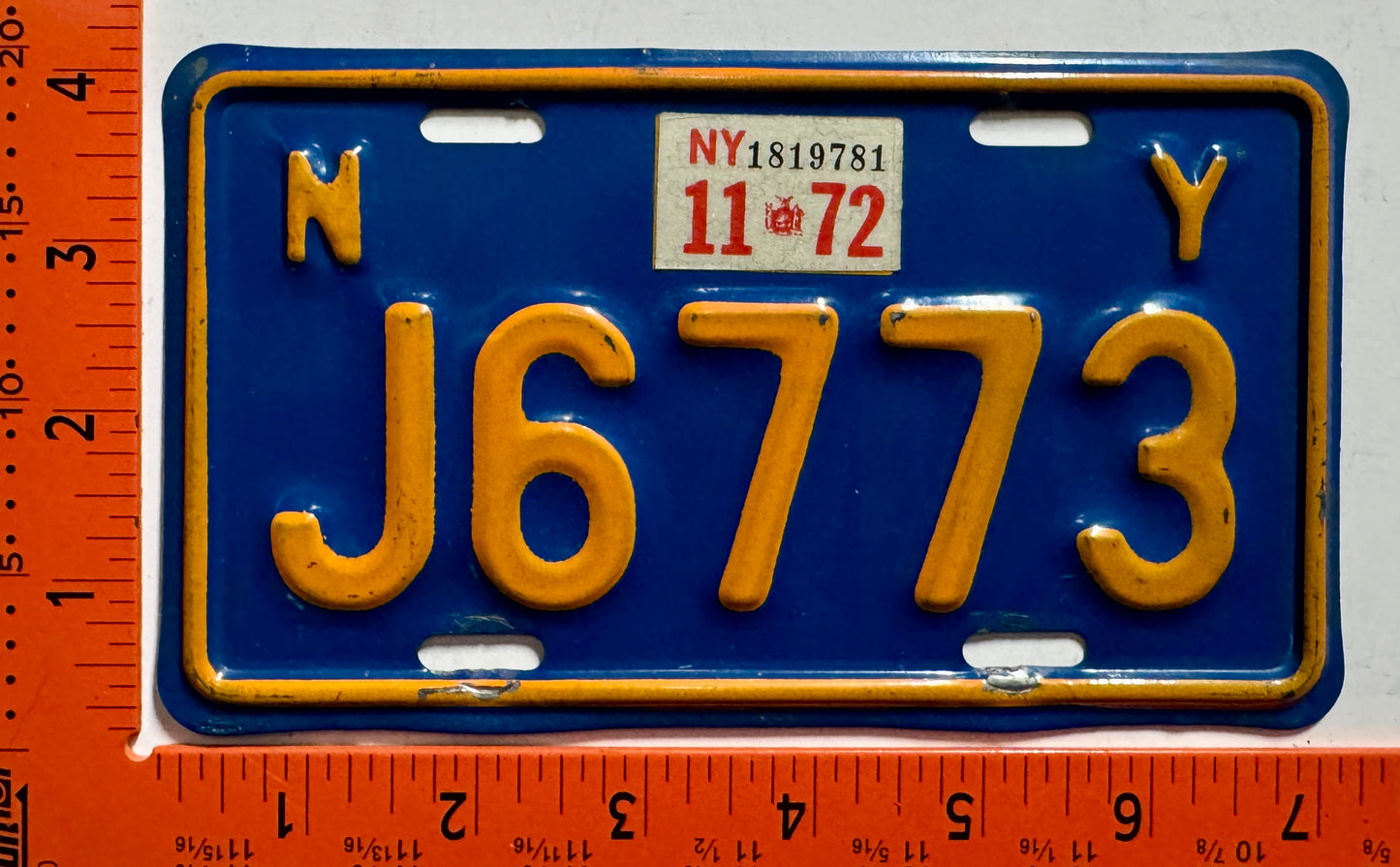 1972 New York #J6773 Motorcycle License Plate