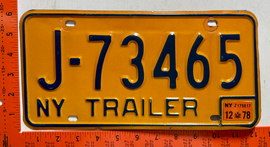 1978 New York #J-73465 Trailer License Plate
