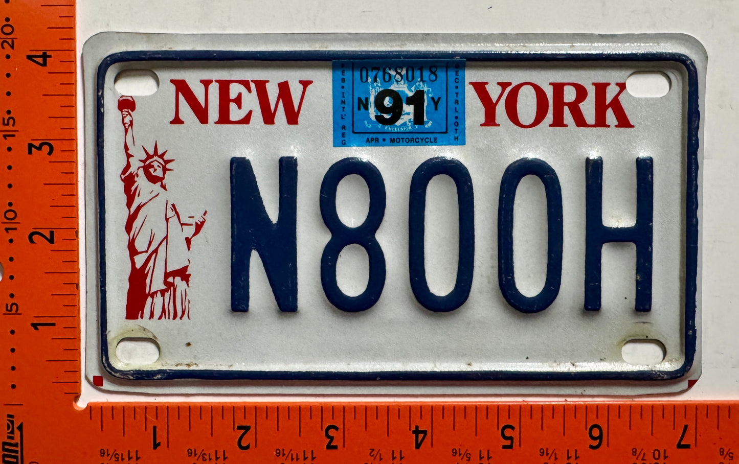 1991 New York #H800H Motorcycle License Plate