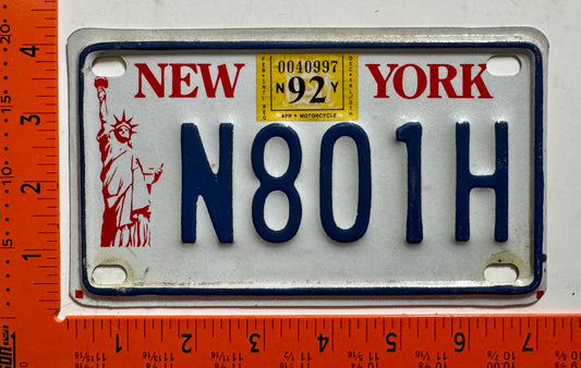 1992 New York #H801H Motorcycle License Plate