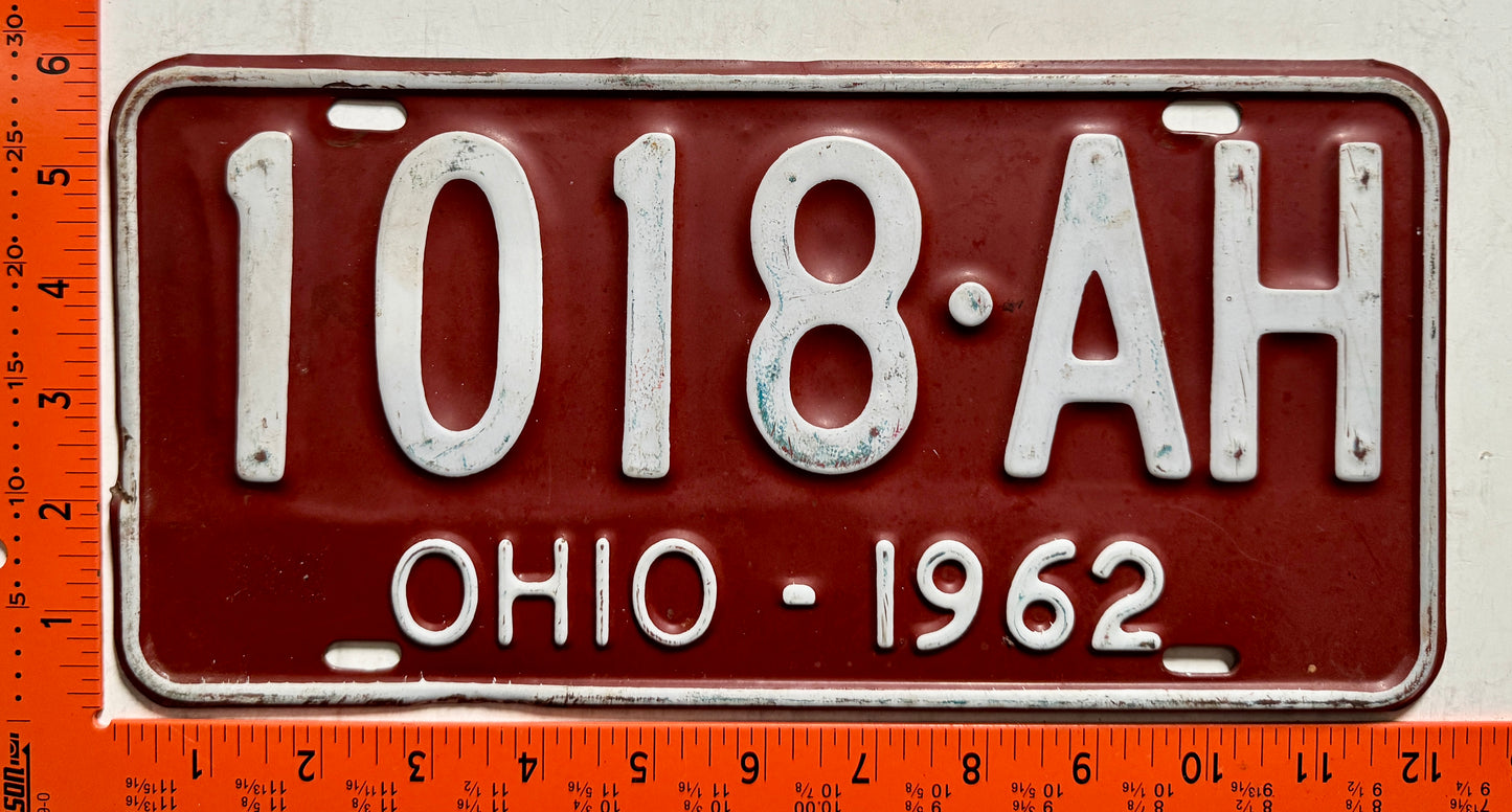1962 Ohio #1018-AH Passenger License Plate