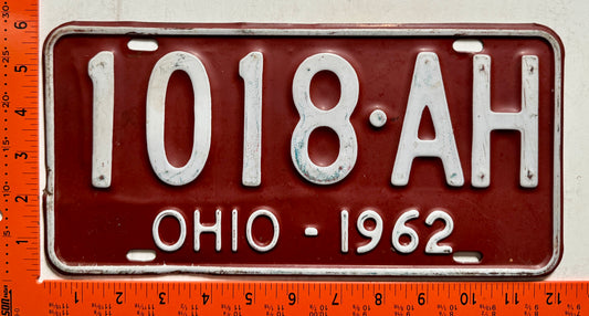 1962 Ohio #1018-AH Passenger License Plate