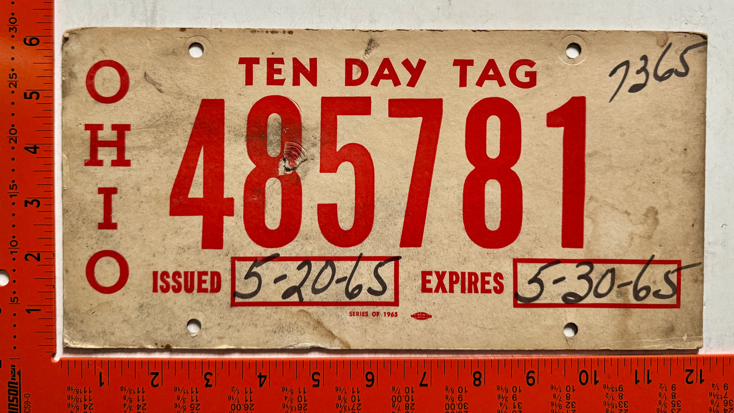 1965 Ohio #485781 Temporary License Plate