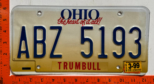 1999 Ohio #ABZ 5193 Passenger License Plate