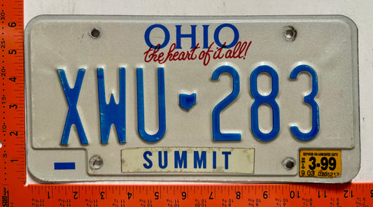 1999 Ohio #XWU-283 Passenger License Plate