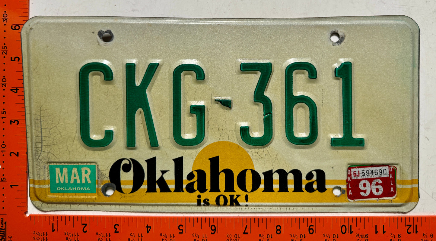 1996 Oklahoma #CKG-361 Passenger License Plate