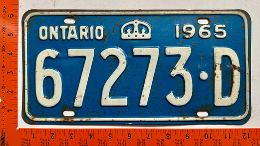 1965 Ontario #67273-D Passenger License Plate