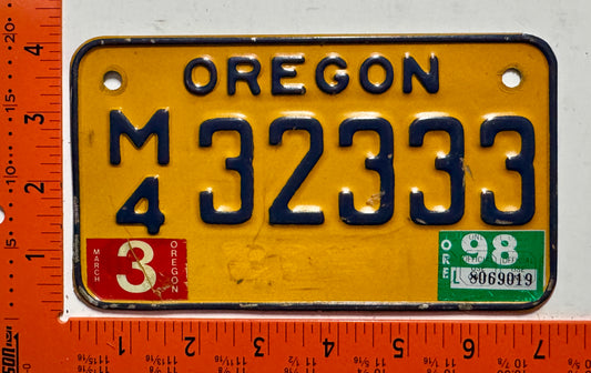 1998 Oregon #M/4 32333 Motorcycle License Plate