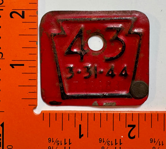 1943 Pennsylvania #703383 Passenger License Plate Date Tab