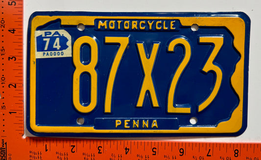 1974 Pennsylvania #87X23 Motorcycle License Plate