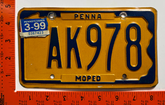 1999 Pennsylvania #AK978 Moped License Plate
