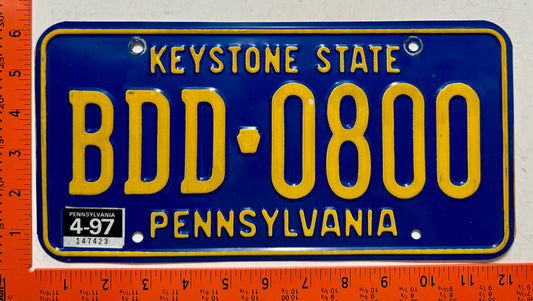 1997 Pennsylvania #BDD-0800 Passenger License Plate