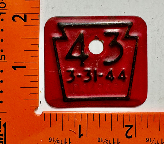 1943 Pennsylvania #D34933 Passenger License Plate Date Tab