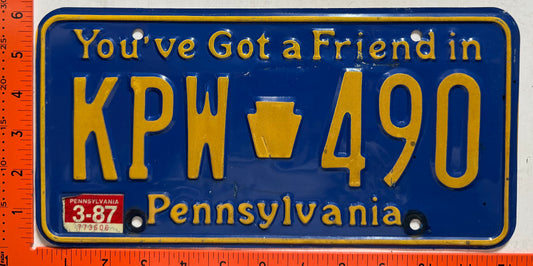 1987 Pennsylvania #KPW 490 Passenger License Plate