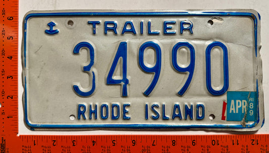 1989 Rhode Island #34990 Trailer License Plate