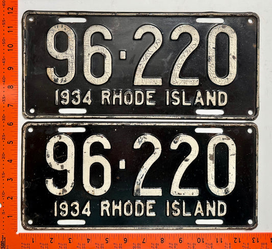 1934 Rhode Island #96-220 Passenger License Plate Pair
