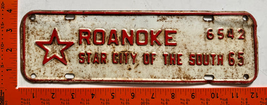 1965 Roanoke City, Virginia #6542 Passenger License Plate
