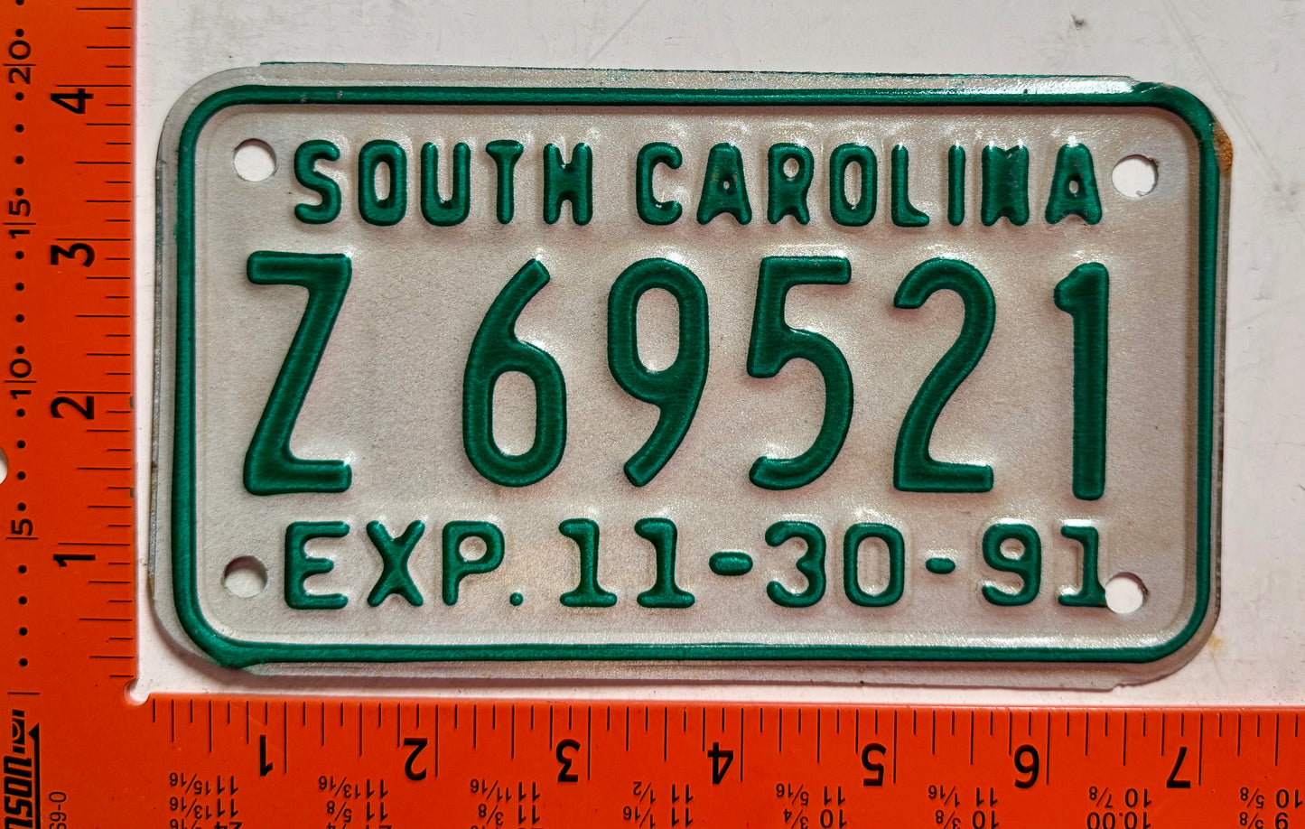 1991 South Carolina #Z 69521 Motorcycle License Plate